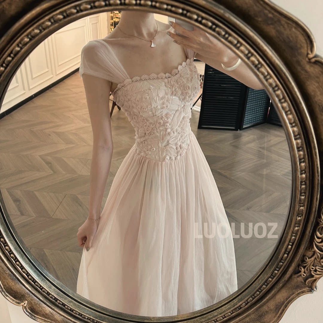 thumbnail for LUOLUOZ [Sakura Qingyu] Gentle Style Heavy-Duty Embroidered Soft Square Neckline Cinched Long Dress JF138
