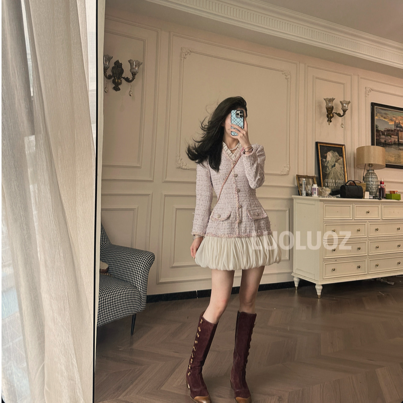 LUOLUOZ【秋日余温】高级气质花边收腰绝美女神范短款连衣裙cc247