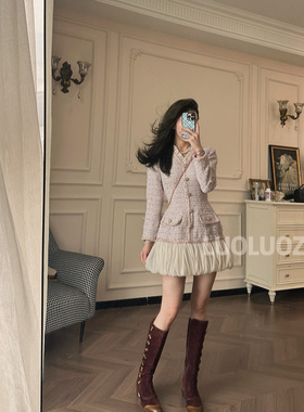 LUOLUOZ【秋日余温】高级气质花边收腰绝美女神范短款连衣裙cc247