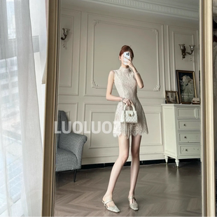 LUOLUOZ【花绫雾影】波浪立领蕾丝领型无袖剪裁短款连衣裙JF1534