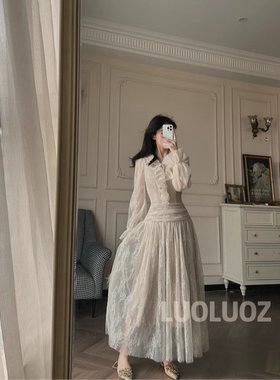 LUOLUOZ法式温柔风白月光仙女裙长袖收腰显瘦气质大摆长款连衣裙