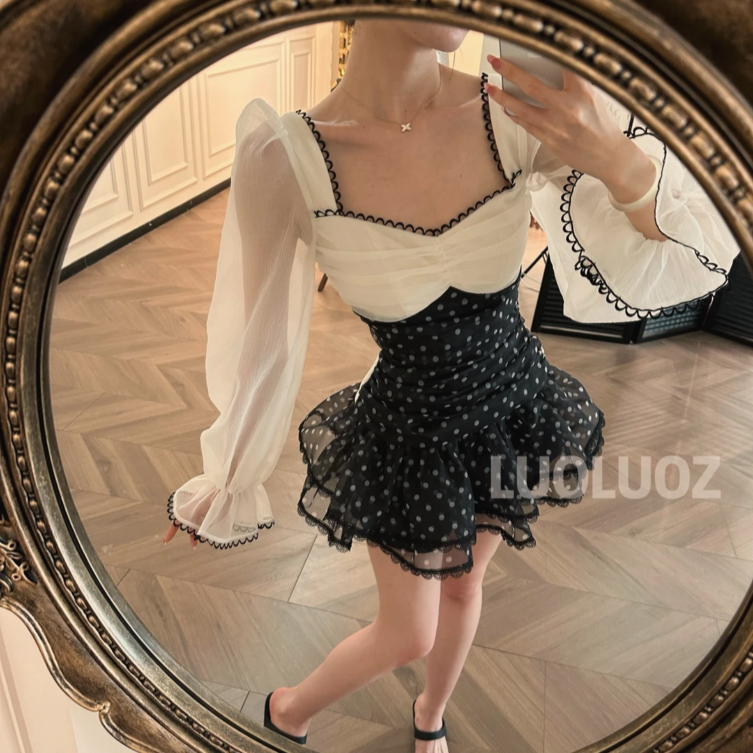 LUOLUOZ【波影笼纱】法式复古赫本风波点方领两件套连衣裙女显瘦