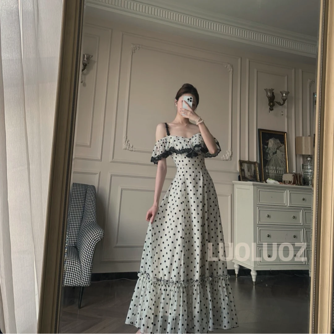LUOLUOZ【雾影圆舞】法式波点连衣裙夏新款收腰显瘦气质长款裙子