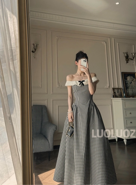 LUOLUOZ【黑白格裙】全棉法式气质温柔风一字肩仙女长款连衣裙CC3