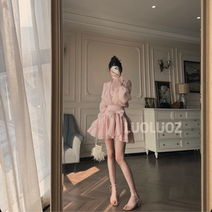 LUOLUOZ法式初恋温柔粉色连衣裙女春季小个子收腰显瘦荷叶边短裙