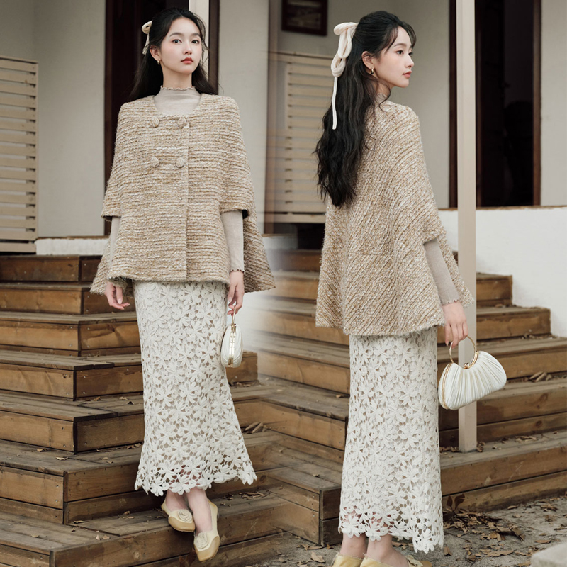 高级感金丝小香风斗篷大衣女法式披肩外套镂空蕾丝鱼尾半裙两件套