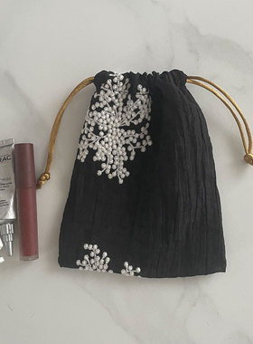 绣花束口袋小布袋棉国风分装整理旅行收纳分装包抽拉绳袋