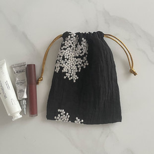 绣花束口袋小布袋棉国风分装整理袋韩国旅行收纳分装包抽拉绳袋