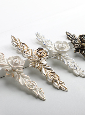 包邮欧式象牙白色玫瑰花拉手 衣柜抽屉橱柜门把手仿古银单孔五金