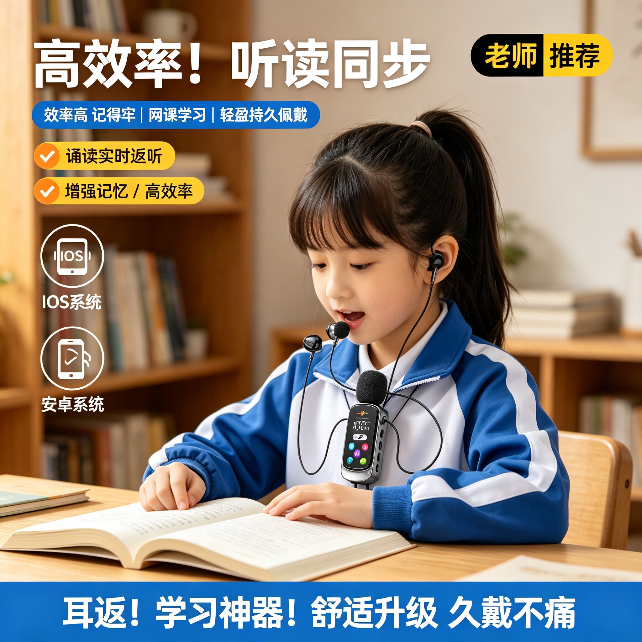 背书专用耳返耳机蓝牙实时监听 学生诵读英语跟读久戴舒适读书更起劲高清降噪学生诵读学习专用
