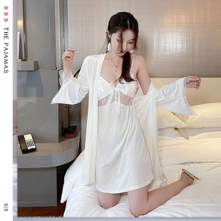 金丝绒睡女士两件套秋季新款蕾丝边V领长袖睡裙开衫性感睡衣套装