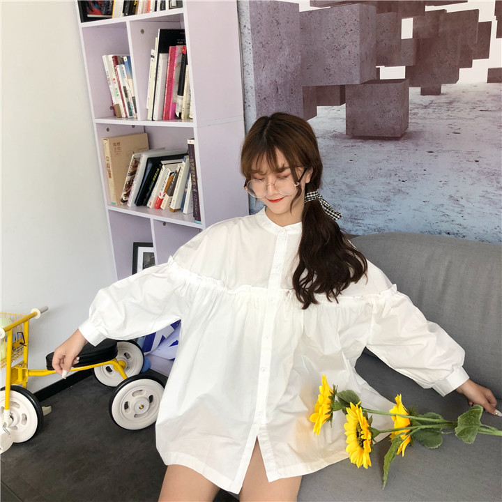 春季甜美木耳边纯色宽松娃娃衫衬衫加肥加大码女装胖mm200斤上衣