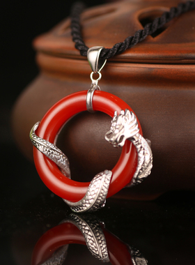 诗美琪男925银红玛瑙项坠吊坠