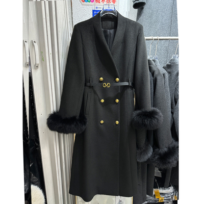 黑色可拆卸狐狸毛中长款毛呢大衣