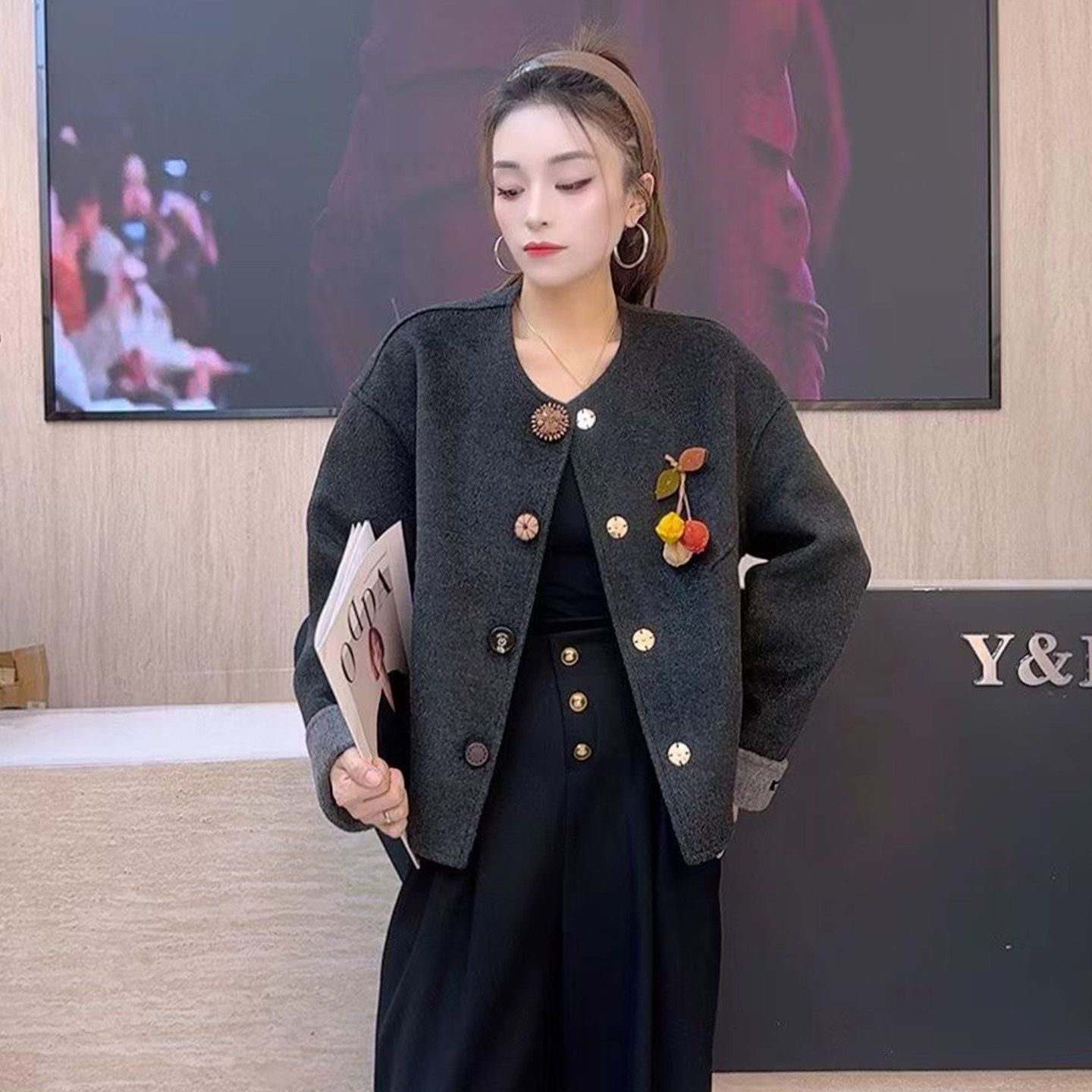 新中式2025秋冬双面羊毛大衣女韩版小香风短款金属扣百搭显瘦外套,女装/女士精品,毛呢外套,淘宝优惠券,粉丝福利购,淘宝优惠卷