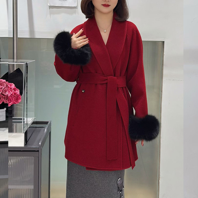 芬飞燕25921双面羊绒大衣女2025新款短款系带可拆卸狐狸毛袖外套