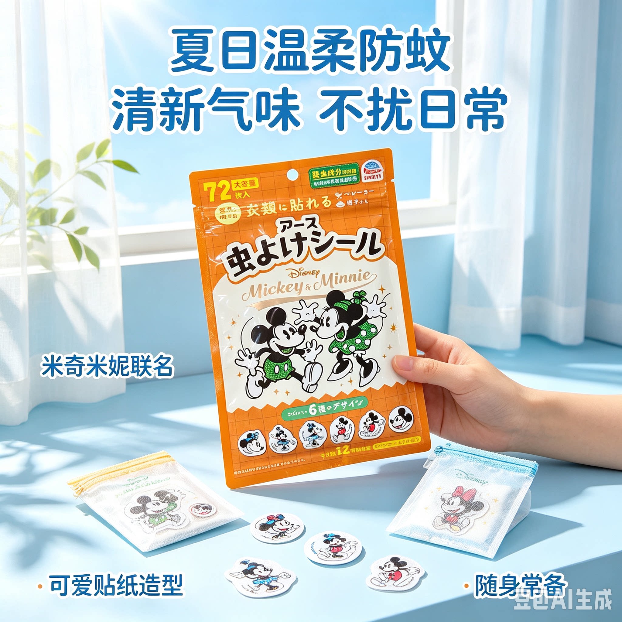 包邮日本EARTH迪士尼去蚊手环 米奇卡通造型防蚊手带72枚