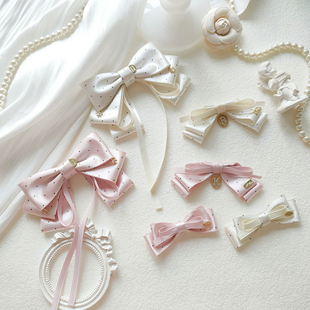 花漾轻复古韩风可爱波点多层迷你垂耳兔蝴蝶结胸针长飘带发饰套装