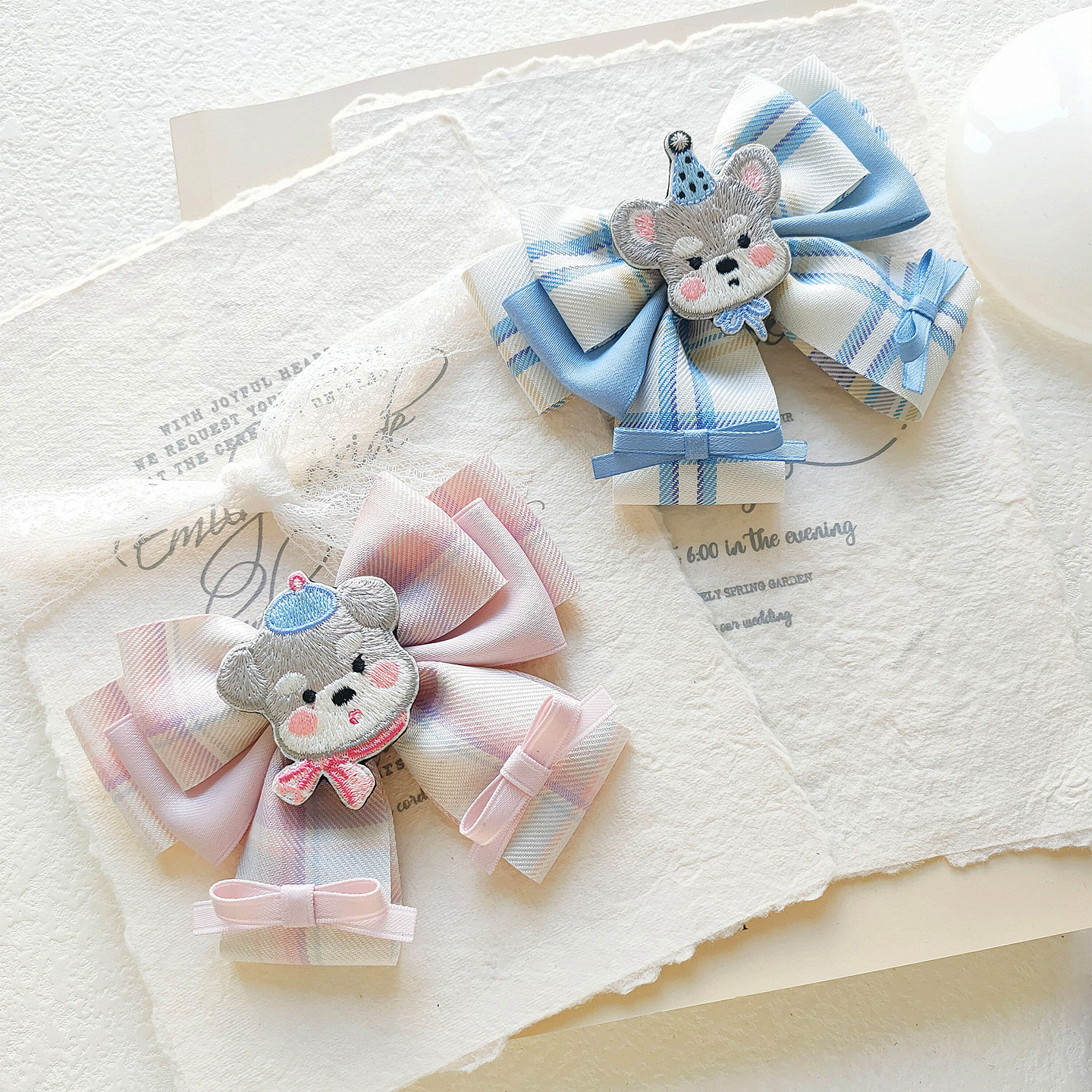 花漾轻复古原创可爱小狗刺绣格纹jk蝴蝶结胸针卡通儿童两用领结