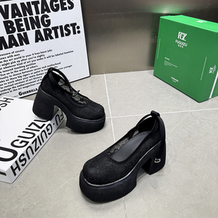 黑色百搭女817 韩式 女搭扣厚底鞋 单鞋 102 圆头松糕底甜美蕾丝网鞋