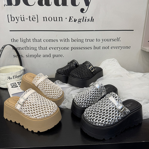 韩式镂空透气松糕包头穆勒女鞋