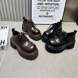 958 26新款 增高德比鞋 女英伦风系带圆头粗跟单鞋 真皮厚底松糕鞋