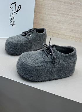 韩版毛呢松糕厚底面包鞋女灰色交叉绑带增高休闲鞋单鞋女2353-21