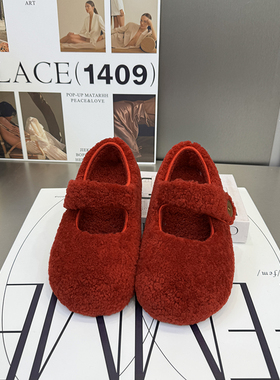新款红色羊毛红色公主鞋皮懒人鞋女平底圆头毛毛鞋保暖棉鞋25-21