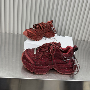 交叉绑带增高炸街休闲鞋 女深红色厚底松糕鞋 1455 满钻老爹鞋 韩版