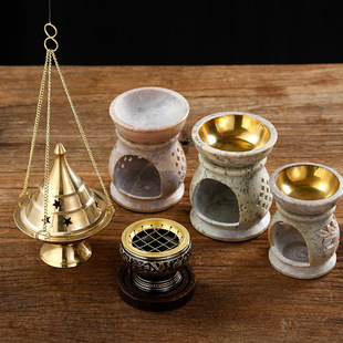 印度精品皂石香炉铜香炉 手工镂空雕花五芒星猫头鹰石头香薰炉