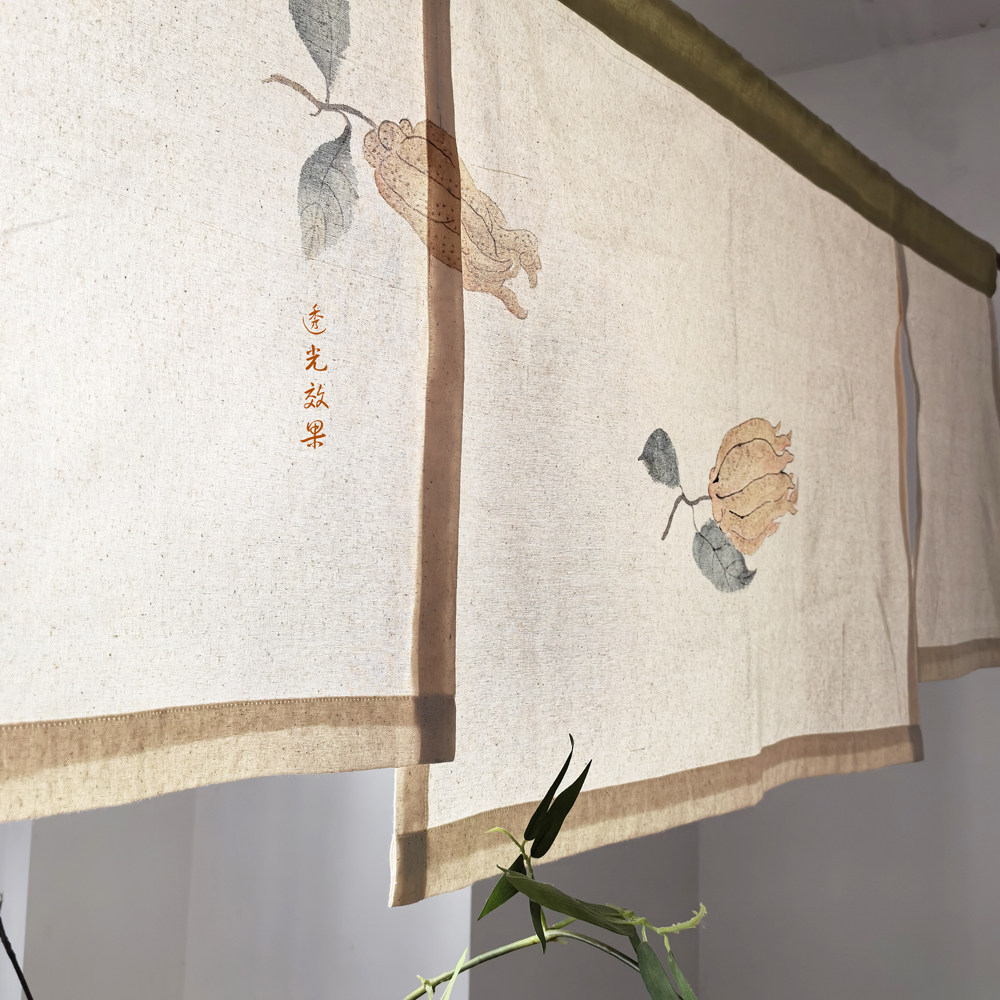 温馨唯美中式麻短帘手绘佛手透光半窗帘禅意国画水果氛围装饰布帘