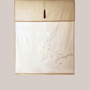 日式干净天然通透层次感窗帘定做宣纸风质朴手绘万福红梅布帘定做