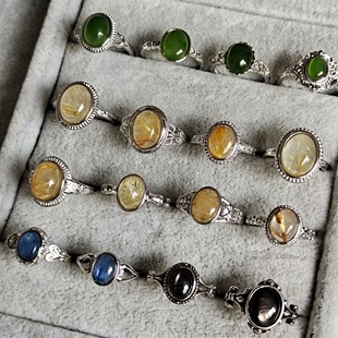 九天然宝松石冰透金发晶月光蓝玛瑙碧玺戒指环圈女情侣礼物复古in