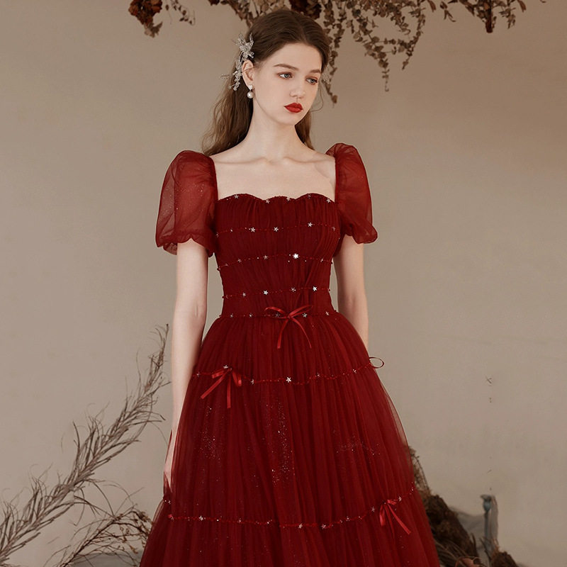 酒红色敬酒服2026新款新娘结婚显瘦订婚泡泡袖晚礼服公主风
