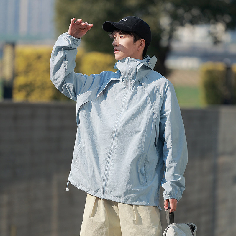 户外运动风防晒服男夏季轻薄连帽拉链防晒衣宽松外套宽松型薄款