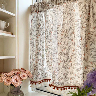 韩式田园复古小浆果米色印花窗帘半帘厨房遮挡帘透光不透人免打孔