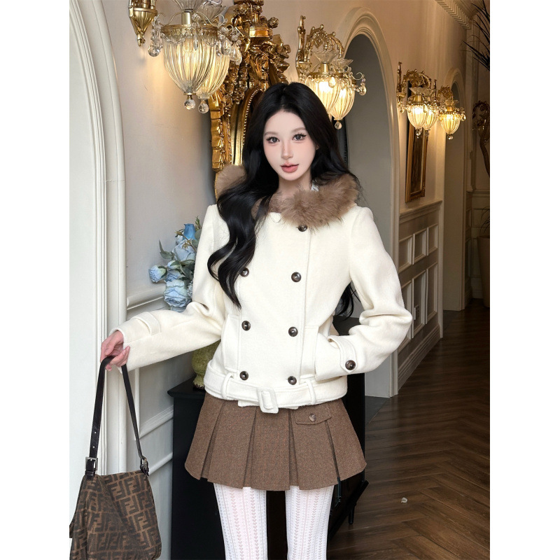 实拍现货毛领双排扣短款毛呢羊毛大衣连帽外套女收腰秋冬加厚套装
