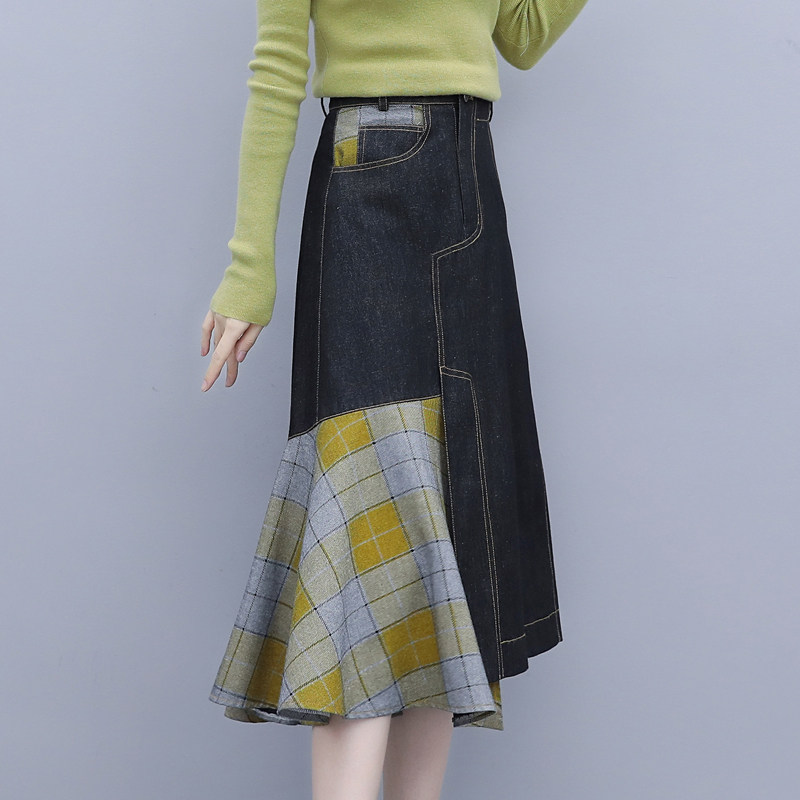 Korean Edition Autumn new pattern Retro fashion Waist The skirt Plaid stitching cowboy Mid length version Fishtail skirt skirtin the Women's clothing/Boutique , Skirts  category - from Buy2taobao.com to provide professional Taobao agent buy service