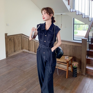 天丝牛仔连体衣裤 夏装 气质翻领系带收腰显瘦无袖 小众设计时尚 新款