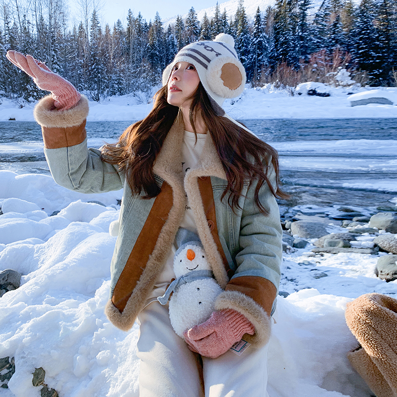 小众设计拼色毛绒翻领牛仔短外套