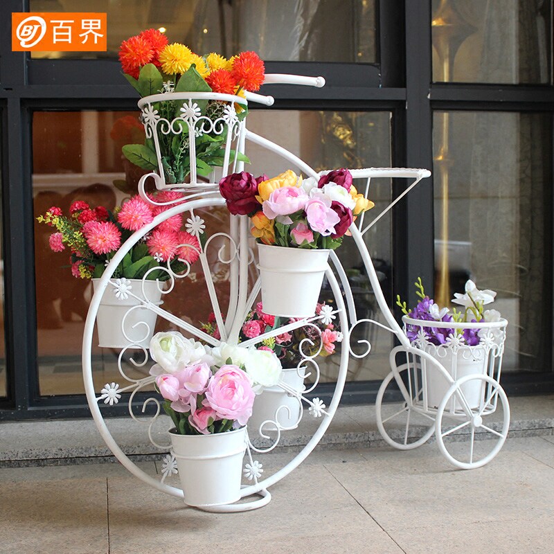 百界创意欧式自行车花架铁艺多层阳台庭院落地式花架子花园花盆架