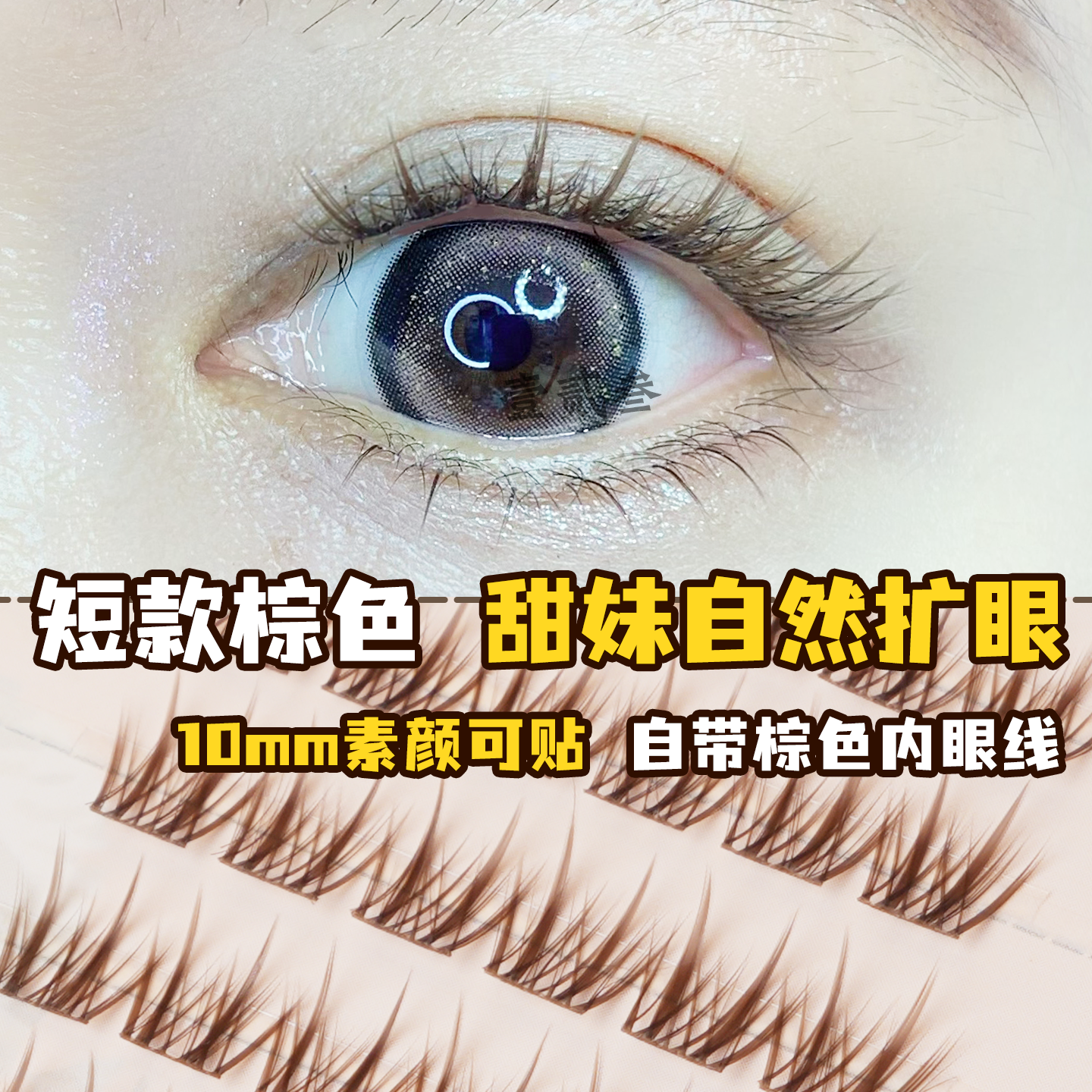 格子数素颜棕色短款单簇假睫毛