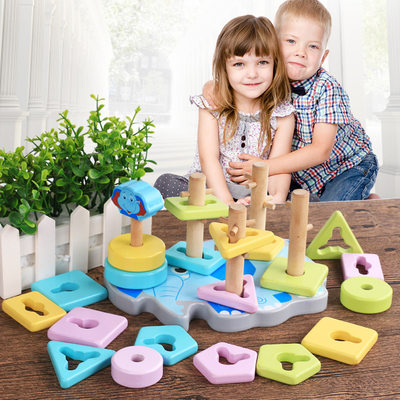 木制多彩卡通大象五柱积木套装 宝宝几何形状认知儿童配对玩具
