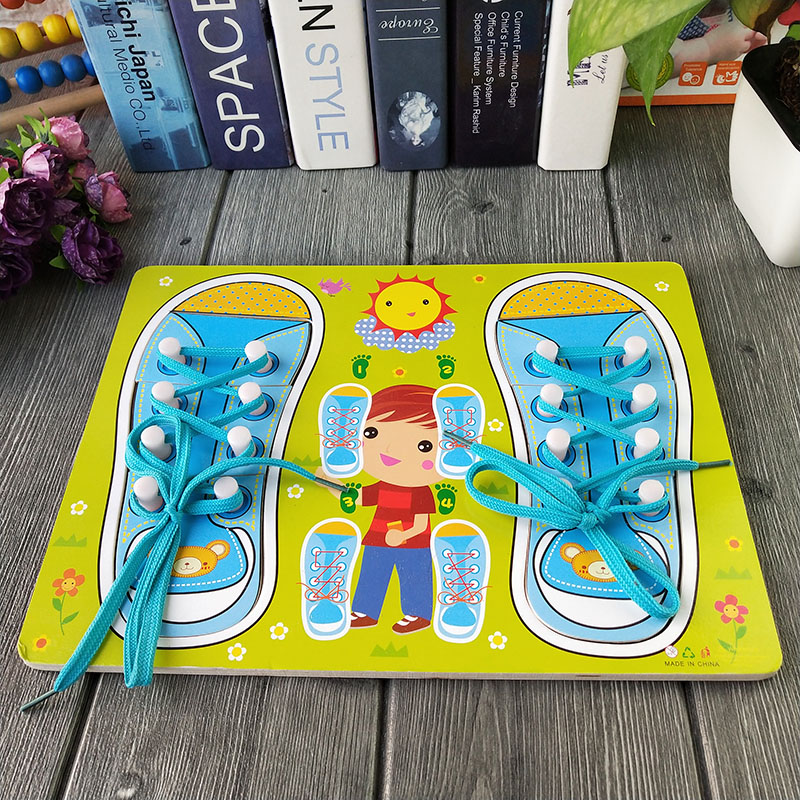 儿童木制益智积木玩具穿线串绳拼图拼板穿鞋带系鞋带纽扣练习