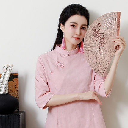 棉麻衬衫中式国风上衣女春季女立领盘扣旗袍中袖T恤中式禅衣茶服