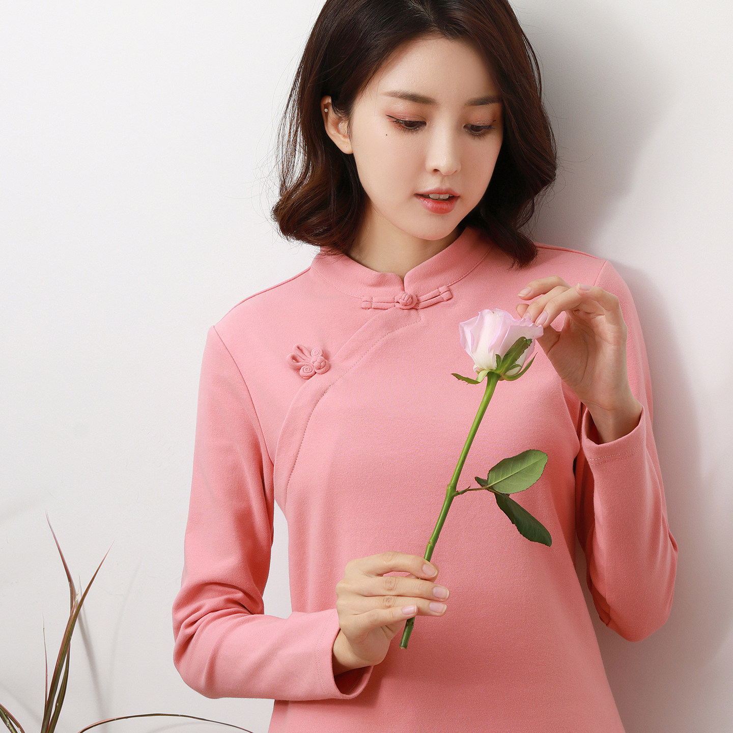 中式t恤纯棉长袖秋冬立领盘扣女