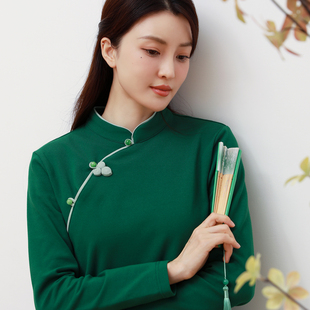 纯棉T恤秋冬复古盘扣立领打底衫百搭唐装禅衣茶服新中式加厚上衣