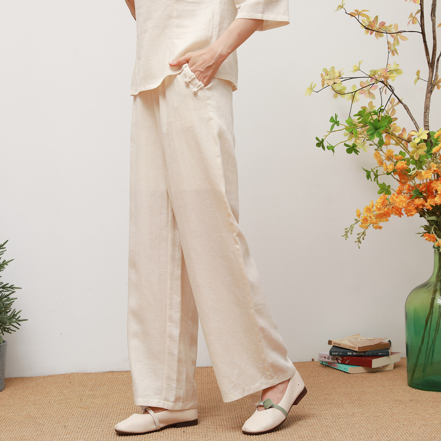 棉麻长裤秋季新款显瘦高腰直筒裤子百搭宽松亚麻阔腿裤女休闲裤