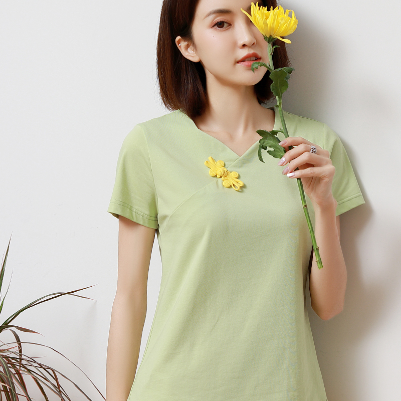 纯棉t恤夏装新款女复古盘扣打底衫中国风冰瓷棉短袖上衣禅意茶服