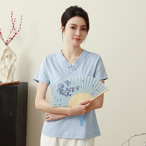 桑蚕丝T恤中国风盘扣复古V领上衣